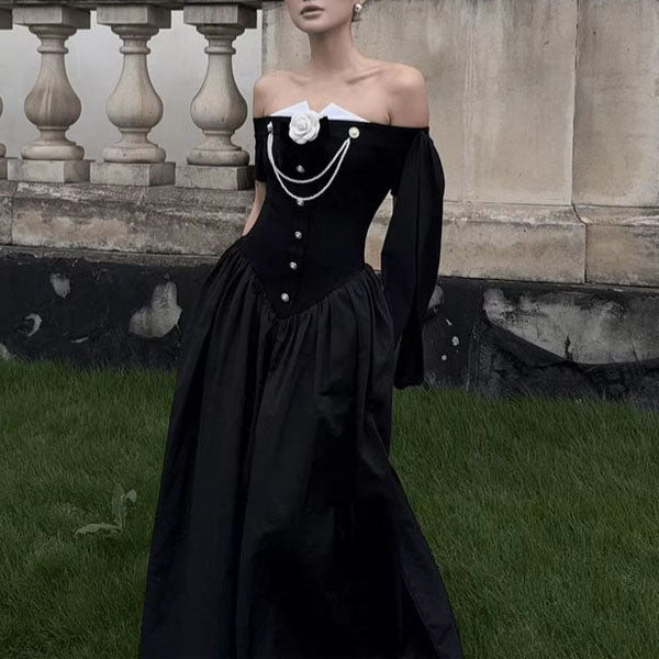 black off the shoulder corset dress Stella Black Off Shoulder Crystal Corset Satin Gown