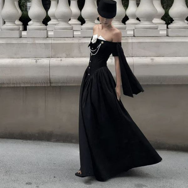Clarisse Black Off-Shoulder Victorian Inspired Dress