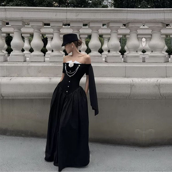 Clarisse Black Off-Shoulder Victorian Inspired Dress