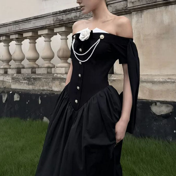 Clarisse Black Off-Shoulder Victorian Inspired Dress