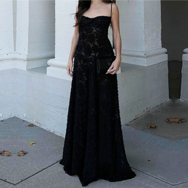Alina Black Lace Up Back Flora Maxi Dress