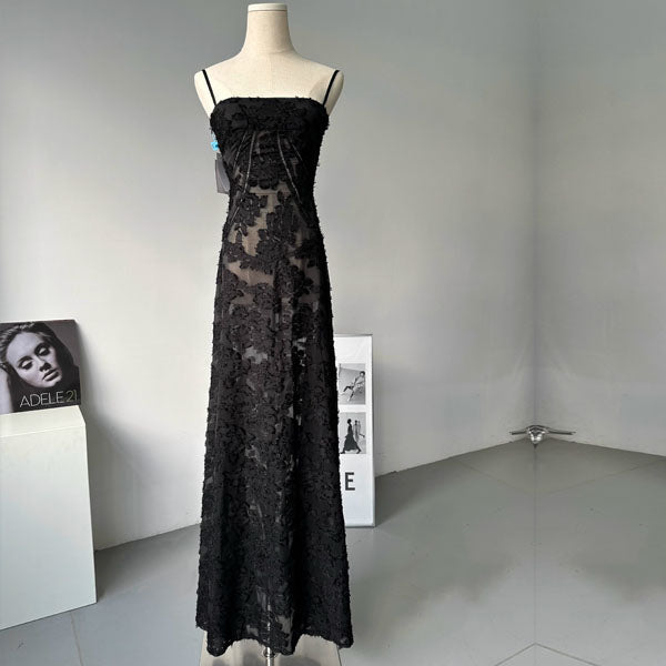 Alina Black Lace Up Back Flora Maxi Dress