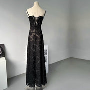 Alina Black Lace Up Back Flora Maxi Dress