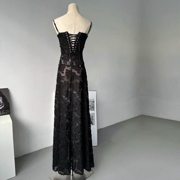 Alina Black Lace Up Back Flora Maxi Dress