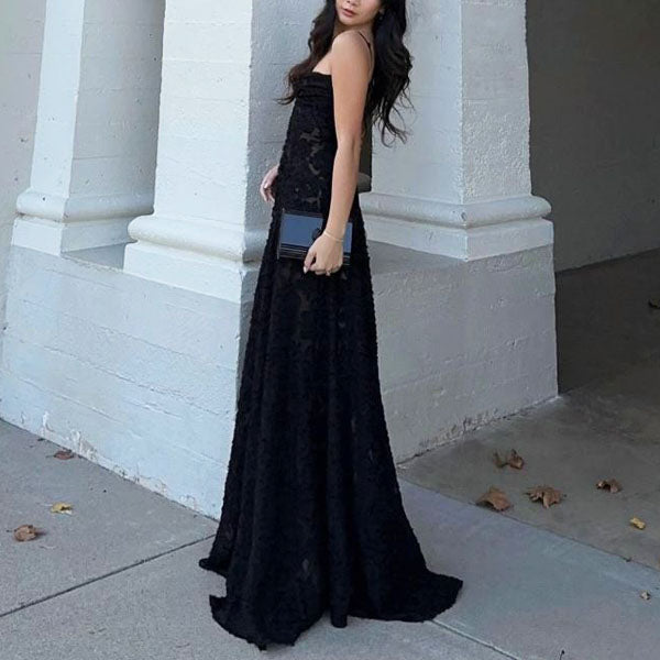 Alina Black Lace Up Back Flora Maxi Dress