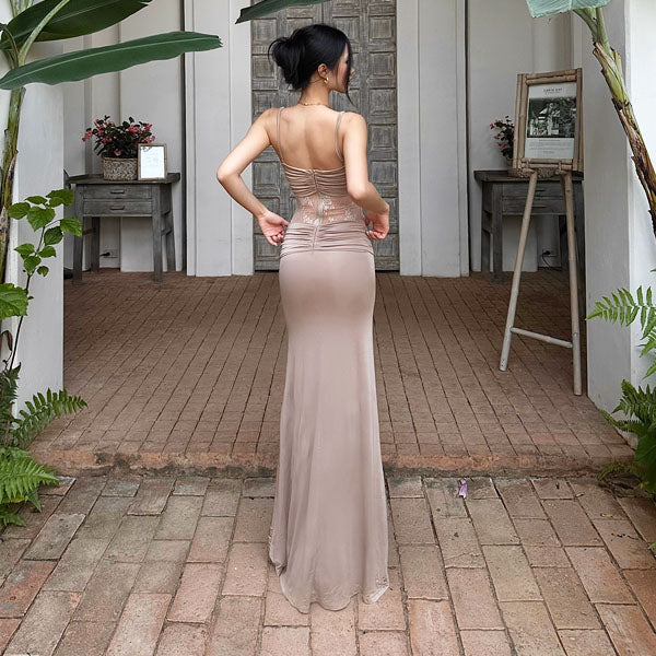 Lavinia Champagne Lace Panel Evening Dress