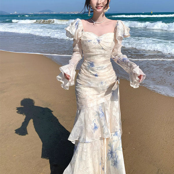 ivory blue dress Laurina Floral Long Sleeve Ruffles Maxi S ZAPAKA Women White Blue pricing:saleprice be unforgettable! COLOR:Navy Leaf Vine