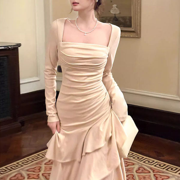 Kellista Elegant Square Neck Ruched Ruffles Dress