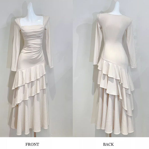 Kellista Elegant Square Neck Ruched Ruffles Dress