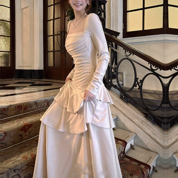 Kellista Elegant Square Neck Ruched Ruffles Dress