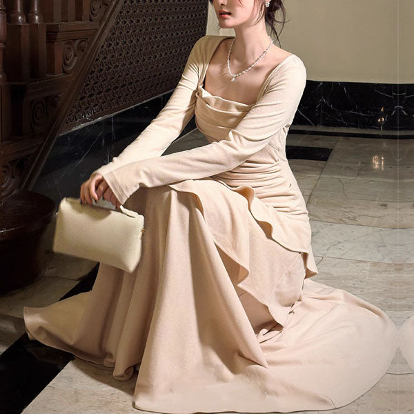 Kellista Elegant Square Neck Ruched Ruffles Dress