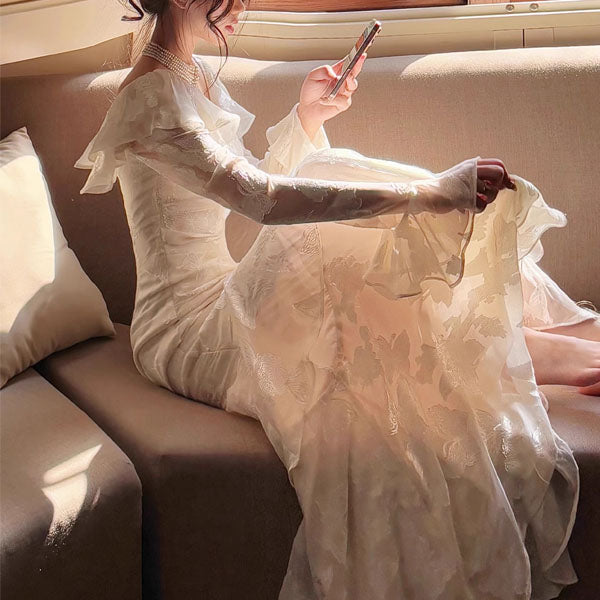 Genevieve Romantic Vintage-Inspired Ivory Tiered Evening Dress