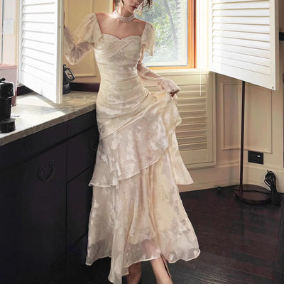Genevieve Romantic Vintage-Inspired Ivory Tiered Evening Dress