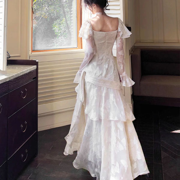 Genevieve Romantic Vintage-Inspired Ivory Tiered Evening Dress M Genevieve Romantic Vintage-Inspired Ivory Tiered Evening Dress M