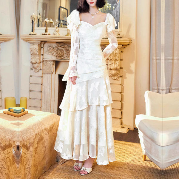 Genevieve Romantic Vintage-Inspired Ivory Tiered Evening Dress M Genevieve Romantic Vintage-Inspired Ivory Tiered Evening Dress M