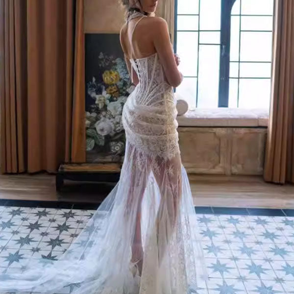 Desiree Elegant Lace Corset Dress with Sheer Skirt and Draped Detail L Desiree Elegant Lace Corset Dress with Sheer Skirt and Draped Detail L