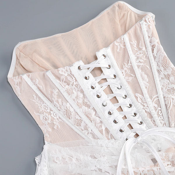 Desiree Elegant Lace Corset Dress with Sheer Skirt and Draped Detail L Desiree Elegant Lace Corset Dress with Sheer Skirt and Draped Detail L