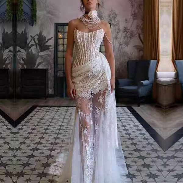 Desiree Elegant Lace Corset Dress with Sheer Skirt and Draped Detail L Desiree Elegant Lace Corset Dress with Sheer Skirt and Draped Detail L
