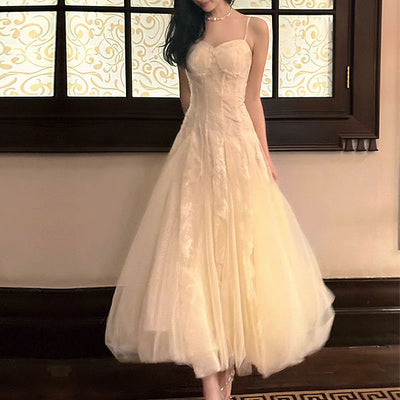 Theia Radiance Cream Lace Tulle Evening Dress