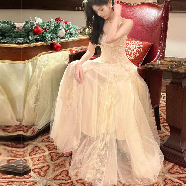 Theia Radiance Cream Lace Tulle Evening Dress