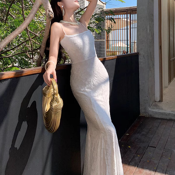 Elly Romance White Lace Up Maxi Dress