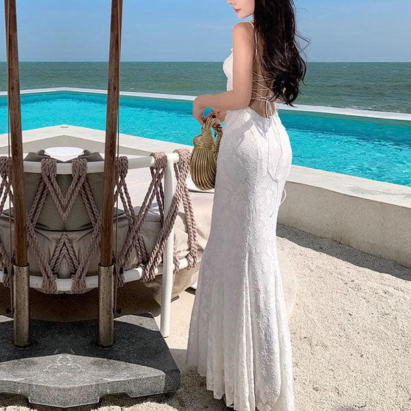 Elly Romance White Lace Up Maxi Dress