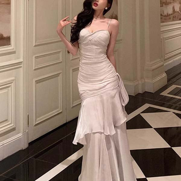 Pamela Enchanting Silver White Ruffled Tiered Maxi Dress