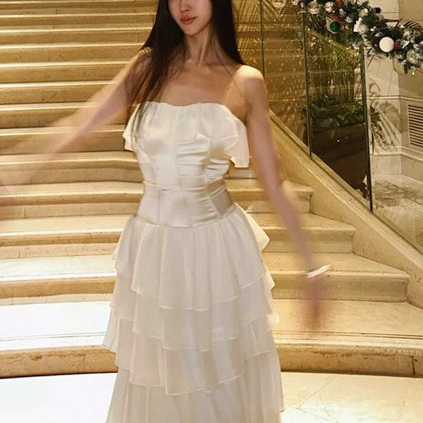 Daria Ivory Layered Ruffles Evening Dress
