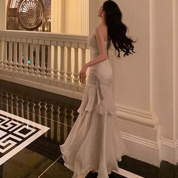 Pamela Enchanting Silver White Ruffled Tiered Maxi Dress