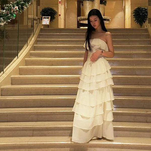 Daria Ivory Layered Ruffles Evening Dress