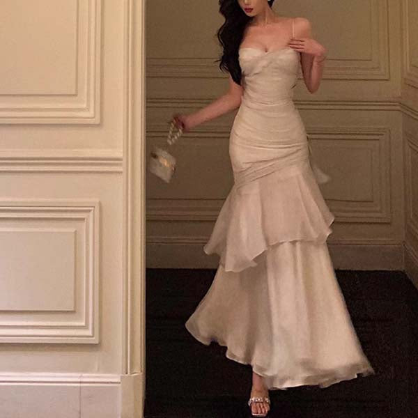 Pamela Enchanting Silver White Ruffled Tiered Maxi Dress