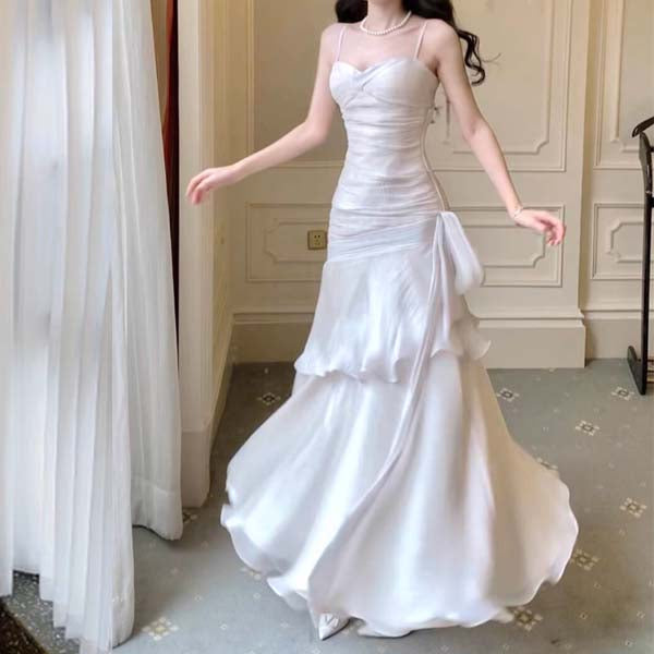 Pamela Enchanting Silver White Ruffled Tiered Maxi Dress