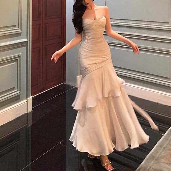 Pamela Enchanting Silver White Ruffled Tiered Maxi Dress
