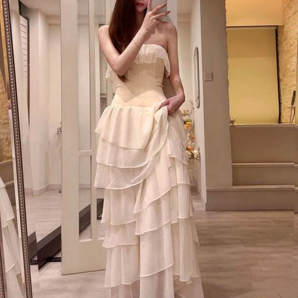 Daria Ivory Layered Ruffles Evening Dress