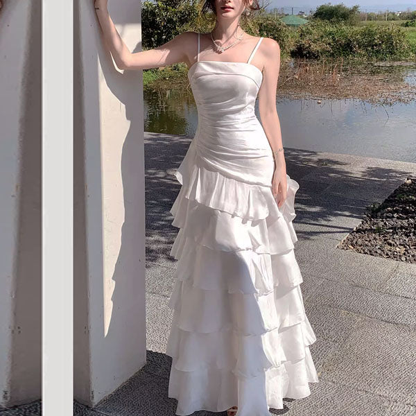 Serenelle Enchanting Pearl White Tiered Ruffles Maxi Dress XS