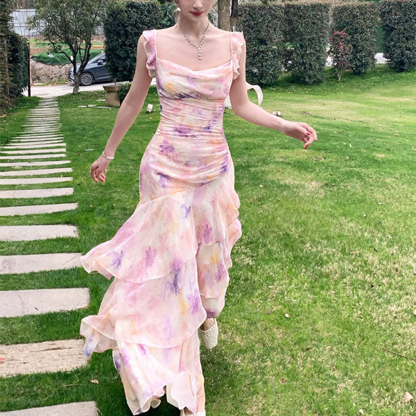 floral ruffle maxi dress Veda Strappy Back Fuchsia %0D%0ADelicate%20sewing%20and%20hemming%20by%20durable%20needle%20lockstitch%20machine Liliette Romantic Pastel Floral Ruffles