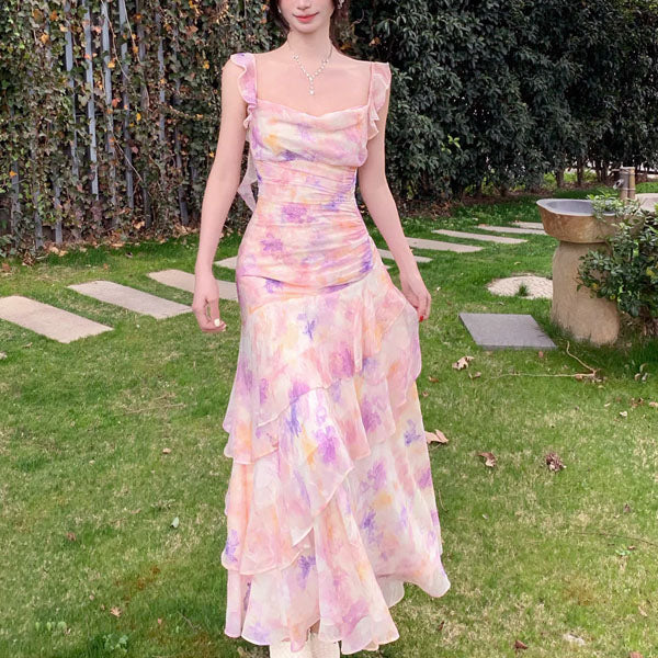 strapless open back dress Rose Print A Line Corset Midi Dress in Pink