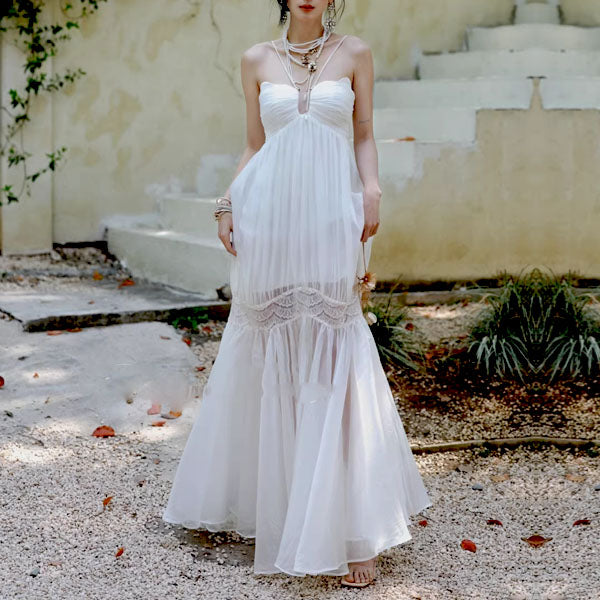lace up back maxi dress Lizzie Ethereal White Lace-Up Back Maxi Dress S