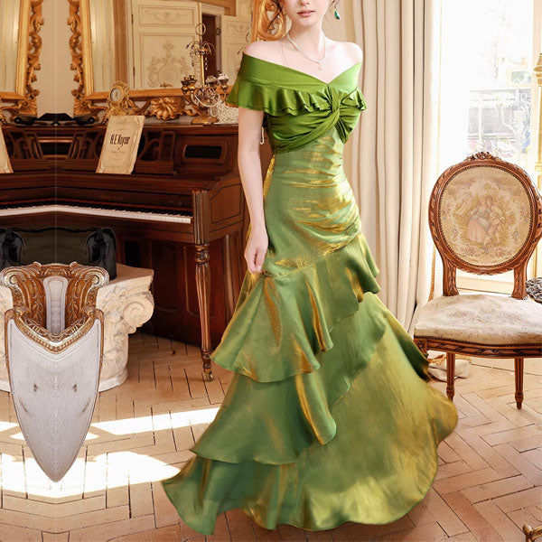 Meliora Elegant Green Off-Shoulder Ruffles Evening Dress S
