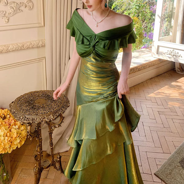 green silk off the shoulder dress Meliora Elegant Off-Shoulder Ruffles Evening S Cabernet Wine Red Bridesmaid The fabric is comfortable YGroup_nova_chiffon_dress Size:16 - 34/35