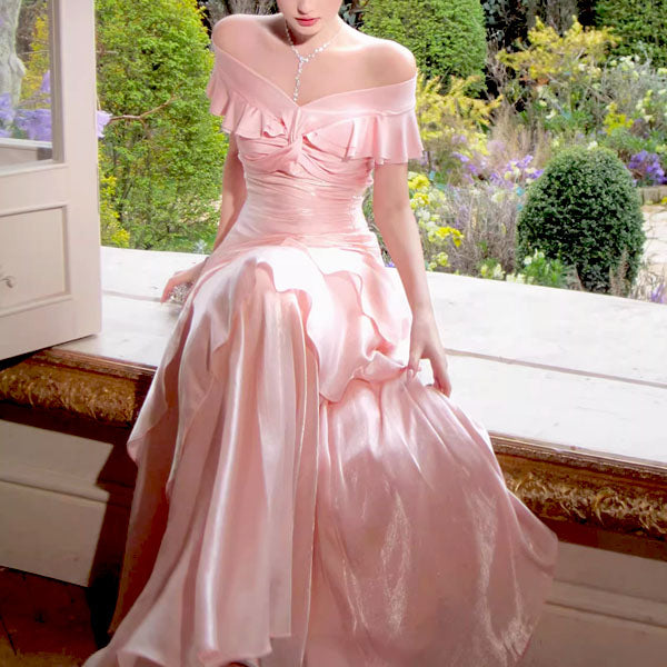 Meliora Elegant Pastel Pink Off-Shoulder Ruffles Evening Dress L