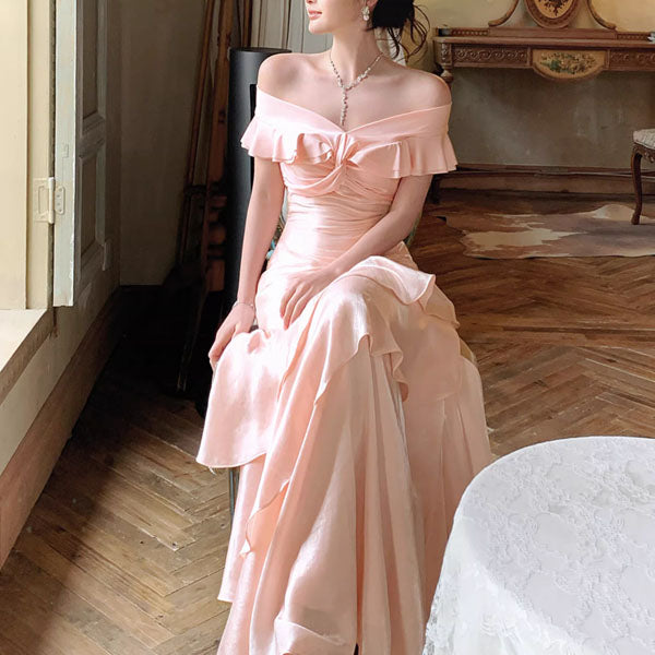 off shoulder pastel dress Meliora Elegant Pastel Pink Off-Shoulder Ruffles Evening Dress L