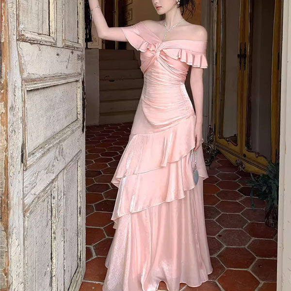 Meliora Elegant Pastel Pink Off-Shoulder Ruffles Evening Dress L