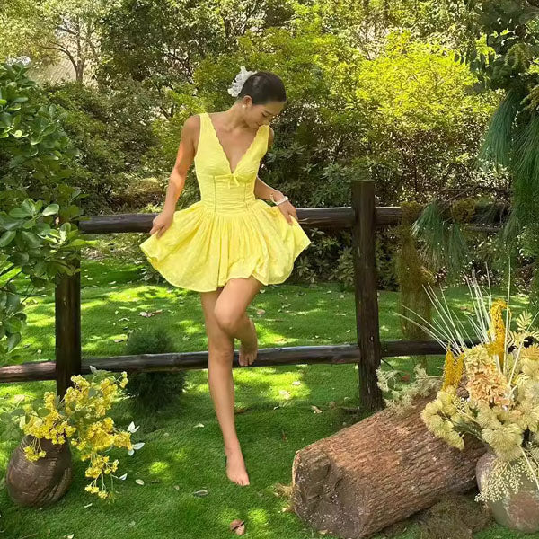 Kellina Scallop Neckline Eyelet Lace Mini Dress L / Yellow Kellina Scallop Neckline Eyelet Lace Mini Dress L / Yellow