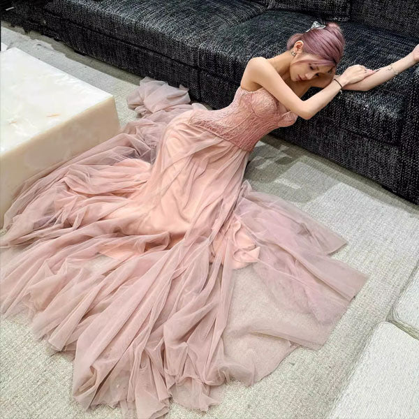 Natalie Romantic Lace Floral Corset Tulle Evening Dress S / Pink Natalie Romantic Lace Floral Corset Tulle Evening Dress S / Pink