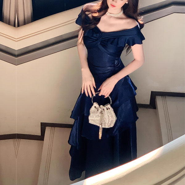 Meliora Elegant Navy Off-Shoulder Ruffles Evening Dress – The Wildflower Shop Meliora Elegant Navy Off-Shoulder Ruffles Evening Dress – The Wildflower Shop