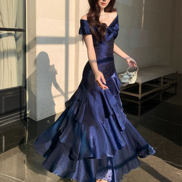 Meliora Elegant Navy Off-Shoulder Ruffles Evening Dress M