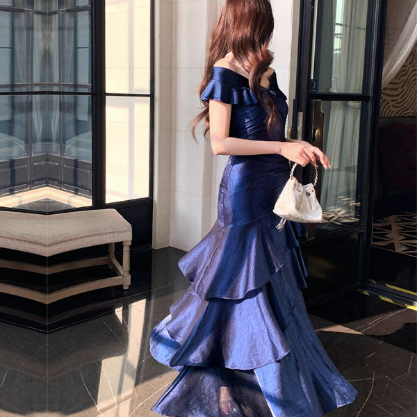 Meliora Elegant Navy Off-Shoulder Ruffles Evening Dress The Wildflower Shop Meliora Elegant Navy Off-Shoulder Ruffles Evening Dress The Wildflower Shop
