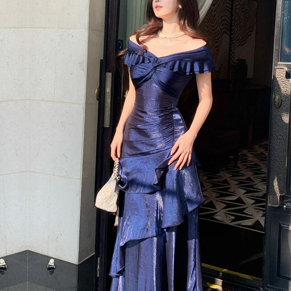 Meliora Elegant Navy Off-Shoulder Ruffles Evening Dress M Meliora Elegant Navy Off-Shoulder Ruffles Evening Dress M