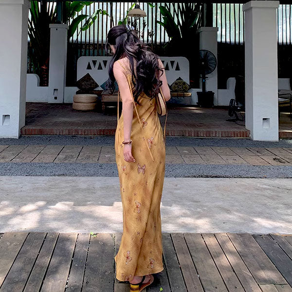 Ira Golden Butterfly Spaghetti Strap Maxi Dress